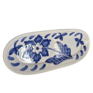 Vietri Italy Blue Bianco Hand Painted Floral Oval Serving Platter White Blue